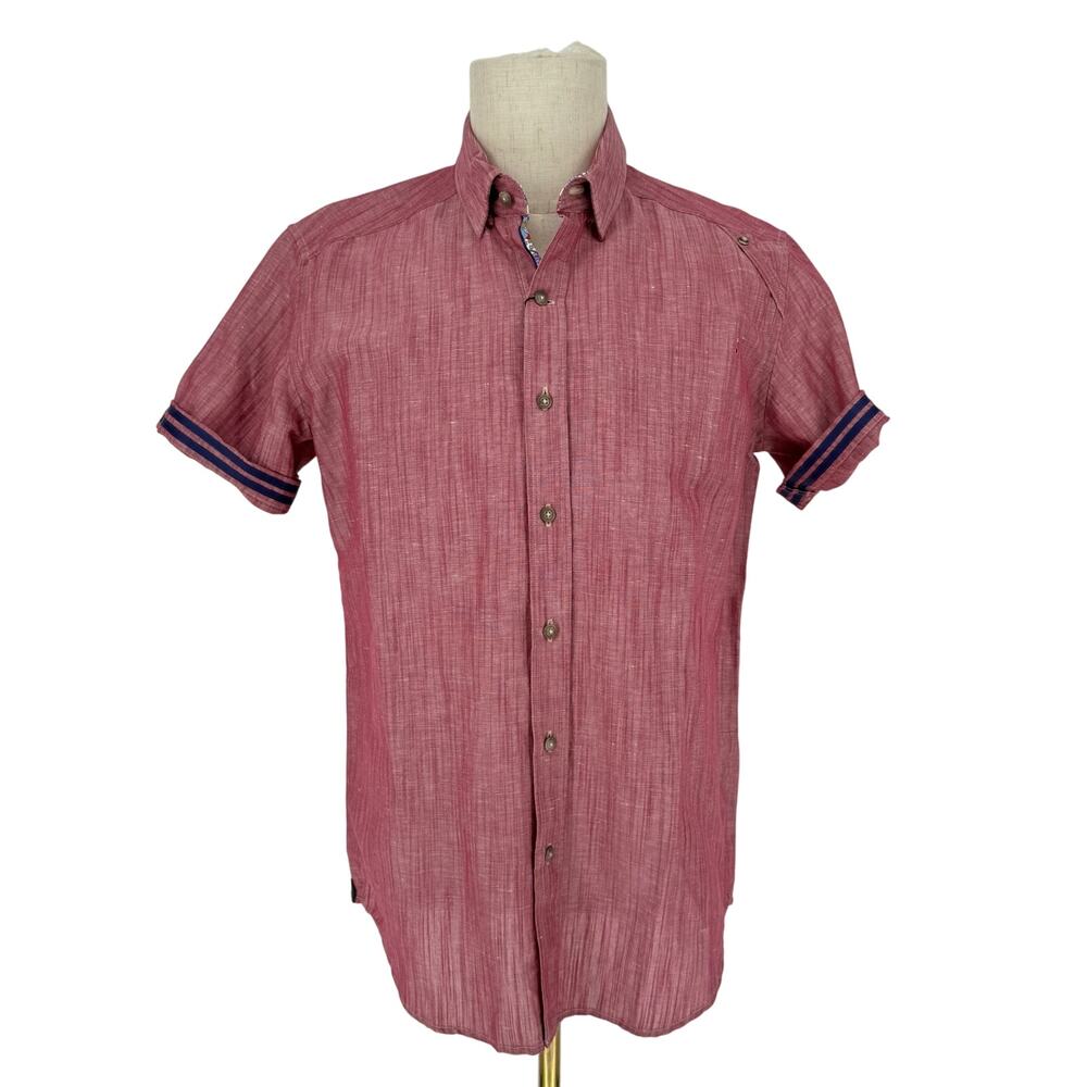 Robert Graham Button Front Short Sleeve Shirt BANYAN Red Denim Linen Blend M